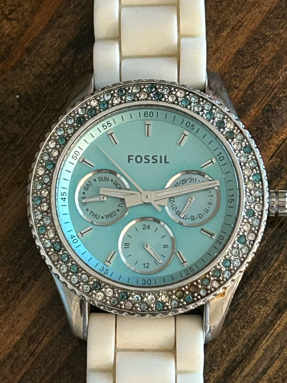 Fossil Turquoise Crystal-Bezel Silicone Strap Watch